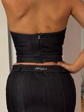 Dark navy Denim Two-Piece Set with Rhinestone Logo
